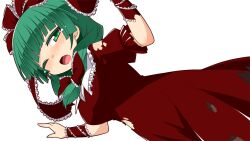 1girl arm_ribbon bad_source blunt_bangs bow breasts dress dutch_angle front_ponytail green_eyes green_hair hemogurobin_a1c kagiyama_hina looking_at_viewer one_eye_closed open_mouth red_bow red_dress red_ribbon ribbon solo touhou