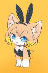 1girl absurdres animal_ear_hairband animal_ears black_leotard blue_eyes bow bowtie brown_hair cat_busters cat_girl closed_mouth commentary_request fake_animal_ears furry furry_female hairband highres leotard looking_at_viewer pac-man_(cat_busters) rabbit_ear_hairband rabbit_ears rabbit_hole_(vocaloid) ragu_(apricolor) red_bow red_bowtie short_hair simple_background through_wall yellow_background
