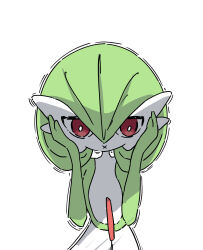 1girl bob_cut bright_pupils colored_skin creatures_(company) female_focus flat_chest game_freak gardevoir gen_3_pokemon green_hair green_skin hair_between_eyes half-closed_eyes hands_on_own_cheeks hands_on_own_face hands_up looking_afar multicolored_skin nintendo pokemon pokemon_(creature) red_eyes short_hair simple_background solo standing straight-on trembling tsutsu_izakura two-tone_skin upper_body white_background white_pupils white_skin x_mouth