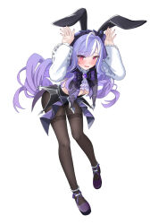 1girl ahoge animal_ears black_bow black_bowtie black_pantyhose blush bow bowtie commentary embarrassed eyes_visible_through_hair fake_animal_ears fake_tail floating_hair full_body hair_between_eyes hands_up highres leaning_forward leotard long_hair long_sleeves looking_at_viewer mary_janes multicolored_hair nail_polish nedo645685229 open_mouth pantyhose playboy_bunny puffy_long_sleeves puffy_sleeves purple_eyes purple_nails purple_shoes rabbit_ears rabbit_pose rabbit_tail red_eyes shirt shoes sidelocks simple_background solo standing streaked_hair tail thighband_pantyhose vivian_banshee white_background white_hair white_shirt zenless_zone_zero