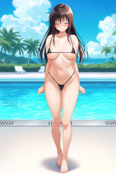 1girl absurdres areola_slip bare_shoulders bikini black_bikini black_hair blush breasts breasts_apart cleavage closed_eyes cloud collarbone cygnus_(cygnus7) day feet full_body groin highleg highleg_bikini highres kotegawa_yui large_breasts legs long_hair micro_bikini mountainous_horizon navel ocean outdoors palm_tree pool poolside shiny_skin sky solo swimsuit thigh_gap thighs to_love-ru toes tree
