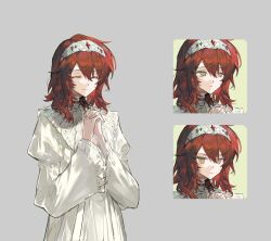 closed_eyes closed_mouth dress frills grey_background hair_between_eyes hairband highres juliet_sleeves long_hair long_sleeves looking_at_viewer medium_hair multiple_views original own_hands_clasped own_hands_together praying puffy_sleeves qyzhiaiyisheng red_hair simple_background smile white_dress wide_sleeves yellow_eyes