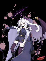 1girl absurdres ahoge black_coat black_gloves black_halo black_skirt black_thighhighs blue_archive blush breasts chidamarihappy coat coat_on_shoulders demon_girl demon_horns demon_wings gloves halo highres hina_(blue_archive) horns long_hair looking_at_viewer purple_eyes skirt small_breasts solo standing thighhighs white_hair wings