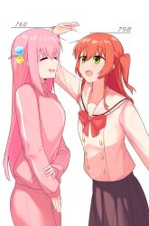 2girls :d absurdres arm_up black_skirt bocchi_the_rock! bow bowtie closed_eyes commentary cowboy_shot cube_hair_ornament english_commentary facing_another finerain gotoh_hitori green_eyes hair_between_eyes hair_ornament hand_on_own_arm height_difference highres jacket kita_ikuyo long_hair long_sleeves looking_at_another medium_hair multiple_girls one_side_up open_mouth orange_hair pants pink_hair pink_jacket pink_pants profile red_bow red_bowtie sailor_collar shirt simple_background skirt smile standing track_suit white_background white_sailor_collar white_shirt
