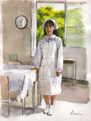 Rule 34 | 1girl, bow, chair, clock, dress, hat, kanai kiyoaki, long hair, nurse, nurse cap, overalls, socks, table, traditional media, white dress, white footwear, white socks