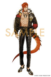 &gt;:) 1boy animal_print aqua_eyes arm_at_side asymmetrical_hair belt black_belt black_jacket black_pants black_shoes bracelet braid copyright_notice dark-skinned_male dark_skin dinosaur_boy dinosaur_tail ear_piercing facial_mark fingernails first_stage_production full_body fur-trimmed_jacket fur_trim hair_between_eyes hand_in_pocket jacket jewelry leather leather_jacket leather_pants loafers looking_at_viewer male_focus medium_hair mole mole_under_mouth multiple_rings necklace no_shirt official_art open_clothes open_jacket orange_hair padded_jacket pants piercing print_pants ring ryzar_blazenfang sample_watermark scar scar_on_stomach semi_(p-poco) sharp_fingernails shoes shoulder_spikes side_braid side_part simple_background skull_necklace solo spikes standing straight-on tail tiger_print toned toned_male two-sided_fabric two-sided_jacket undercut v-shaped_eyebrows virtual_youtuber watermark white_background zipper