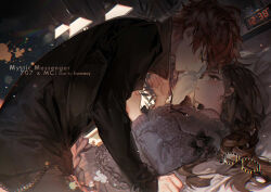 1boy 1girl 707_(susanghan_messenger) alarm_clock artist_name blush bow brown_hair clock commentary_request copyright_name cross cross_necklace glasses half-closed_eyes hetero imminent_kiss jewelry juliet_sleeves kawacy long_hair long_sleeves lying necklace on_back orange_hair protagonist_(susanghan_messenger) puffy_sleeves susanghan_messenger sweat unworn_eyewear