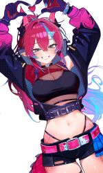 1girl absurdres arms_up bandeau belt black_bandeau black_jacket black_shorts blue_eyes blue_hair blue_skirt blue_streaks blush border bracelet breasts clawed_hands cleavage cloud_hair_ornament dragon_girl dragon_horns dragon_tail fishnet_top fishnets grin half-skirt hands_up heart heart_hands highleg highleg_panties highres horns idol_corp jacket jewelry kai_saikota large_breasts long_hair long_sleeves looking_at_viewer midriff ms._tsu multicolored_hair navel open_clothes open_jacket open_mouth panties panty_straps pink_belt pleated_skirt pointy_ears red_hair red_tail second-party_source short_shorts shorts single_fishnet_legwear skirt smile solo spiked_bracelet spikes streaked_hair tail transparent_background underwear virtual_youtuber