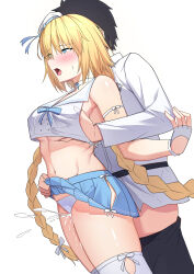 1boy 1girl absurdres bare_shoulders beret black_hair black_pants blonde_hair blue_eyes blue_skirt blush braid breasts censored chaldea_uniform choker clothes_lift crop_top crop_top_overhang cum ejaculation fate/grand_order fate_(series) fingerless_gloves fujimaru_ritsuka_(male) gloves grabbing_another&#039;s_breast grinding groping hand_under_clothes hat hetero highres hip_vent jeanne_d&#039;arc_(fate) jeanne_d&#039;arc_(mystery_treasure)_(fate) jeanne_d&#039;arc_(swimsuit_archer)_(fate) large_breasts lifting_another&#039;s_clothes long_hair long_sleeves low_twin_braids midriff mini_hat miniskirt natu_zame navel open_mouth panties pants penis pleated_skirt sailor_collar shirt short_hair skirt skirt_lift thigh_sex thighhighs thighs twin_braids underboob underwear very_long_hair white_gloves white_hat white_panties white_shirt white_thighhighs
