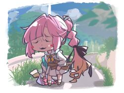 1girl ahoge anyoji_hime bag black_ribbon blonde_hair blunt_bangs border breast_pocket commentary_request deformed dress full_body gradient_hair grass hair_intakes hair_ribbon hasu_no_sora_school_uniform highres holding holding_bag hood hooded_jacket hot jacket kirisaki_nuko link!_like!_love_live! long_hair long_sleeves love_live! medium_dress multi-tied_hair multicolored_hair neckerchief open_clothes open_jacket outdoors parted_lips pink_hair plank pleated_dress pocket ponytail ribbon road sailor_collar sailor_dress school_uniform sidelocks socks solo summer_uniform sweat swept_bangs very_long_hair virtual_youtuber white_border white_dress white_jacket white_sailor_collar white_socks wrinkled_frown_(detective_pikachu) yellow_neckerchief