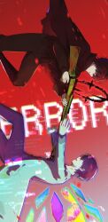 Rule 34 | 2boys, 320 ramensuki, aiming, black cloak, black eyes, black hair, blue cloak, cloak, crystal wings, dual persona, e.g.o (project moon), error message, fell bullet (e.g.o), from side, glitch, gun, gun to chest, highres, knee up, limbus company, looking at another, multiple boys, open mouth, outstretched arms, project moon, red background, rifle, sang yi (project moon), short hair, standing, standing on one leg, weapon, yi sang (project moon)
