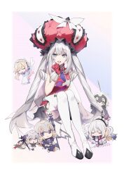 6+girls ahoge angel_wings blonde_hair blue_eyes border braid chibi closed_eyes closed_mouth dated dress fate/grand_order fate_(series) full_body gloves grey_hair hat headpiece highres holding_hands jeanne_d&#039;arc_(fate) jeanne_d&#039;arc_(ruler)_(fate) jeanne_d&#039;arc_alter_(avenger)_(fate) jeanne_d&#039;arc_alter_(fate) jeanne_d&#039;arc_alter_santa_lily_(fate) large_hat long_hair looking_at_another looking_at_viewer marie_antoinette_(fate) marie_antoinette_alter_(fate) marie_antoinette_alter_(first_ascension)_(fate) metatron_jeanne_(fate) metatron_jeanne_(second_ascension)_(fate) mini_person minigirl multiple_girls no-kan open_mouth outside_border purple_eyes red_dress red_gloves red_hat signature sitting size_difference sleeveless sleeveless_dress smile twintails very_long_hair white_border white_hair wings yellow_eyes