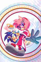 1girl 2boys ;) amy_rose amy_rose_(pro_riders) amy_rose_(riders) animal_ears blue_eyes eyelashes eyewear_on_head fox_boy fox_ears gloves goggles green_eyes hedgehog highres multiple_boys multiple_tails nathalie_fourdraine official_art one_eye_closed pants shoes smile sonic_(series) sonic_riders sonic_riders_(series) sonic_the_hedgehog sonic_the_hedgehog_(idw) sonic_the_hedgehog_(riders) tail tails_(riders)_(sonic) tails_(sonic) teeth two_tails