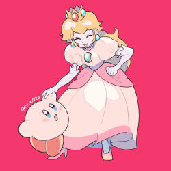 Rule 34 | :d, arm up, blonde hair, blue brooch, blue eyes, blush stickers, bright pupils, closed eyes, commentary, crossover, crown, dress, earrings, elbow gloves, facing viewer, gloves, happy, high heels, holding hands, jewelry, kirby, kirby (series), legs apart, lips, long dress, long hair, looking at another, mario (series), ni re, nintendo, no nose, open mouth, pantyhose, pink background, pink dress, pink shoes, princess peach, puffy short sleeves, puffy sleeves, shoes, short sleeves, smile, sphere earrings, standing, twitter username, wavy hair, white gloves, white pantyhose, white pupils