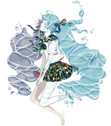 1girl abstract absurdres ahoge aqua_eyes aqua_hair bare_legs barefoot black_neckerchief black_ribbon black_sailor_collar black_skirt bottle_miku bubble caustics commentary full_body hair_ribbon hatsune_miku highres liquid_hair long_hair looking_at_viewer masking_tape_(medium) miniskirt mixed_media neckerchief parted_lips pleated_skirt poncho_(ponpontyo_8) ribbon sailor_collar shirt short_sleeves sidelocks sideways_glance skirt solo traditional_media unconventional_media very_long_hair vocaloid white_background white_shirt