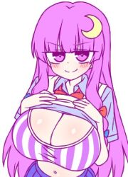 1girl ? blue_bow blue_shirt blue_skirt blunt_bangs blush bow bowtie bra breasts closed_mouth clothes_lift collared_shirt commentary_request cowboy_shot crescent crescent_hair_ornament frown hair_bow hair_ornament ketsumaimo large_breasts long_hair looking_at_viewer lowres multiple_hair_bows patchouli_knowledge pleated_skirt purple_bra purple_eyes purple_hair red_bow red_bowtie shirt shirt_lift sidelocks simple_background skirt solo split_mouth striped_bra striped_clothes touhou underwear v-shaped_eyebrows very_long_hair vest white_background white_bra white_vest