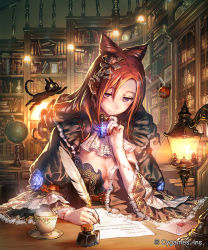 10s 1girl blush book bookshelf breasts brown_hair cat ceres_(shingeki_no_bahamut) cleavage closed_mouth colored_sclera company_name cup drill_hair flower globe hair_flower hair_ornament heart highres holding indoors inkwell letter long_hair love_letter mouse_(animal) nail_polish nose_blush official_art okada_manabi pumpkin purple_eyes purple_flower purple_rose quill railing red_nails rose saucer scar scar_on_face shingeki_no_bahamut smile sparkle teacup watermark yellow_sclera |_|