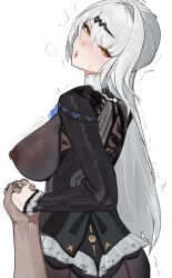 1boy 1girl black_shirt bodystocking breasts covered_erect_nipples from_behind hetero highres holding_hands large_breasts looking_at_viewer nipples parted_lips pov sawaki_ken shirt simple_background white_background yellow_eyes yixuan_(zenless_zone_zero) zenless_zone_zero