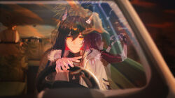 2girls absurdres aerial_fireworks animal_ear_fluff animal_ear_piercing animal_ears arknights black_gloves black_hair car_interior cellphone day evening exusiai_(arknights) fingerless_gloves fingernails fireworks fur-trimmed_jacket fur_trim gloves hair_between_eyes halo highres holding holding_phone jacket long_hair looking_at_viewer multiple_girls official_alternate_costume orange_halo outdoors phone red_hair reflection short_hair smartphone smile steering_wheel taking_picture texas_(arknights) texas_(winter_messenger)_(arknights) thewintermarket traditional_halo white_jacket wolf_ears wolf_girl yellow_eyes