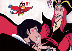 !? 2boys aladdin_(disney) bird blush cum disney fellatio jafar kon_(artist) licking male_focus multiple_boys oral parrot penis tagme uncensored wince yaoi