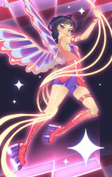 1girl absurdres armlet armpit_crease armpits asian bare_shoulders black_background blue_hair blue_wings blunt_bangs boots bracelet bright_pupils choker closed_mouth commentary dress english_commentary eyeshadow fairy fairy_wings flying full_body glitter glowing high_heel_boots high_heels highres holding instrument jewelry keyboard_(instrument) knee_boots lipstick long_hair looking_at_viewer loose_hair_strand magic magical_girl makeup musa_(winx_club) musical_staff outline pink_boots pink_choker pink_eyeshadow pink_lips pink_shirt platform_boots purple_eyes purple_shorts purple_tank_top shirt shorts shorts_under_dress signature sleeveless sleeveless_shirt smile solo sparkle tank_top thighlet white_outline white_pupils wikate wings winx_club winx_club_(reboot)