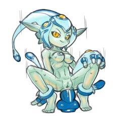 Rule 34 | 1girl, anal, anal object insertion, barefoot, blue gloves, blue headwear, breasts, cleft of venus, colored skin, digimon, digimon (creature), dildo, dildo riding, feet, female focus, female masturbation, fingerless gloves, gem, gloves, green skin, half-closed eyes, hand on own knee, happy, helmet, looking at viewer, masturbation, medium breasts, motion lines, navel, nipples, nude, object insertion, orange eyes, orange gemstone, parted lips, pointy ears, pussy, ranamon, ribs, rockthebull, sex toy, simple background, sketch, smile, solo, spread legs, stomach, sweat, uncensored, v-shaped eyebrows, white background