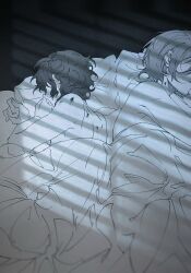 Rule 34 | 2boys, aoba tsumugi, blind, chinese commentary, commentary request, ensemble stars!, feet out of frame, greyscale, hickey, highres, lying, medium hair, mermicia, messy hair, monochrome, multiple boys, on bed, on side, parted lips, pointy nose, short hair, shoulder blades, tenshouin eichi, topless male, under covers, window shadow, yaoi