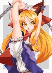 1girl armpits arms_up belt bloomers bow bowtie brown_belt brown_horns buttons chain commentary_request feet_out_of_frame grey_background hair_bow highres horn_bow horn_ornament horns ibuki_suika kurohiba long_hair looking_at_viewer open_mouth orange_eyes orange_hair purple_bow purple_skirt pyramid_(geometry) red_bow red_bowtie ribbon-trimmed_bloomers ribbon_trim shirt skirt sleeveless sleeveless_shirt solo split standing standing_on_one_leg standing_split touhou two-tone_background underwear variant_set very_long_hair white_background white_bloomers white_shirt wrist_cuffs