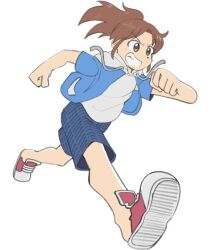 1girl blue_hoodie blue_shorts brown_eyes brown_hair city_(arawi_keiichi) clenched_hands closed_mouth commentary english_commentary floating_hair hood hood_down hoodie long_hair nagumo_midori open_clothes open_hoodie ponytail red_shoes running scrambled_skies shirt shoes short_sleeves shorts sidelocks simple_background smile solo teeth white_background white_shirt