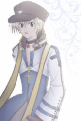 1boy arch_bishop_(ragnarok_online) black_choker blonde_hair blue_coat brown_hat choker coat commentary_request cowboy_shot cropped_jacket cross cross_choker cross_necklace cross_of_prontera dated_commentary expressionless green_eyes hat jacket jewelry long_sleeves looking_at_viewer male_focus necklace newsboy_cap open_mouth ponytail ragnarok_online sharari short_hair solo white_background white_jacket