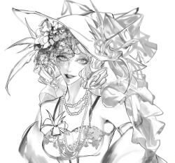 1girl bouter18 curly_hair dress feather_hair_ornament feathers greyscale hair_ornament hat jewelry lady_pearl_(path_to_nowhere) looking_at_viewer mole mole_under_eye monochrome multiple_moles necklace path_to_nowhere pearl_necklace portrait solo white_background