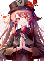 1girl absurdres bead_bracelet beads black_hat black_nails black_shirt boo_tao_(genshin_impact) bracelet brown_hair chinese_clothes flat_chest flower flower-shaped_pupils genshin_impact ghost gradient_hair hair_tuft hat hat_flower highres hu_tao_(genshin_impact) jewelry long_hair long_sleeves looking_at_viewer multicolored_hair multiple_rings nail_polish own_hands_together plum_blossoms porkpie_hat red_eyes red_flower ring sakura11587158 shirt sidelocks simple_background smile solo symbol-shaped_pupils twintails white_background wide_sleeves