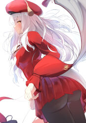 1girl ass back beret blush breasts brooch brown_pantyhose caren_hortensia caren_hortensia_(amor_caren) caren_hortensia_(amor_caren)_(second_ascension) dress fate/grand_order fate_(series) hat highres jewelry long_hair long_sleeves looking_at_viewer looking_back medium_breasts neck_ribbon pantyhose red_dress red_hat revision ribbon sash shawl smile solo thighs umi_endu wavy_hair white_hair yellow_eyes