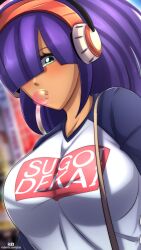 absurdres android artist_logo axasempai bag blunt_bangs breasts casual chewing chewing_gum cityscape clothes_writing dark-skinned_female dark_skin denim denim_skirt from_below green_eyes hair_over_eyes hair_over_one_eye handbag headgear headset high_ponytail highres hime_cut impossible_clothes impossible_shirt large_breasts layer_(mega_man) logo long_hair looking_at_viewer mega_man_(series) mega_man_x_(series) meme_attire mole mole_under_eye open_mouth ponytail purple_hair raglan_sleeves robot robot_ears robot_girl romaji_text shirt skirt sugoi_dekai upper_body