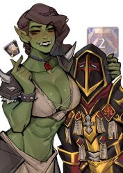 1boy 1girl abs armor black_armor black_hair breasts cleavage colored_skin cowboy_shot finger_heart green_skin grin hand_up helm helmet highres large_breasts long_hair navel orc original red_lips shiny_skin shoulder_plates smile teeth tusks white_background ykshelter
