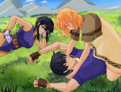 1boy 2girls absurdres ahoge all_fours belt black_hair blush brother_and_sister commission commissioner_upload couple day dress eye_contact field fingerless_gloves fire_emblem fire_emblem:_genealogy_of_the_holy_war girl_on_top gloves grass gu_ro hair_ornament hairclip hetero highres lana_(fire_emblem) larcei_(fire_emblem) looking_at_another lying mountain multiple_girls nintendo on_back on_grass on_side orange_hair outdoors pinned purple_tunic ribbon scathach_(fire_emblem) short_hair siblings sidelocks sleeveless smirk tomboy tunic twins wide-eyed yukadon