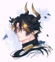 Rule 34 | 1boy, arknights, black hair, blonde hair, chongyue (alighting) (arknights), chongyue (arknights), commentary request, dragon boy, dragon horns, earrings, facial scar, hair over shoulder, highres, horns, jewelry, korean commentary, long hair, looking at viewer, low ponytail, male focus, nills, parted lips, pointy ears, ponytail, portrait, purple background, red eyes, scar, scar on cheek, scar on face, simple bird