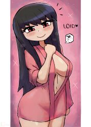 1girl ? absurdres bathrobe black_hair blush breasts collarbone hand_on_own_chest heart highres large_breasts long_hair long_sleeves looking_at_viewer navel pink_background pink_robe red_eyes robe smile sparkle speech_bubble spoken_heart spoken_object spoken_question_mark spoken_shower_head spy_x_family standing thick_thighs thighs tony_welt wide_hips yor_briar