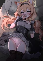 Rule 34 | 1girl, animal ear fluff, animal ears, blue archive, blue eyes, breasts, commentary request, grey skirt, halo, highres, long hair, looking at viewer, low twintails, mamiyahara hitoshige, mari (blue archive), mari (idol) (blue archive), medium breasts, official alternate costume, orange hair, panties, pink panties, skirt, solo, tears, twintails, underwear, wrist cuffs, yellow halo
