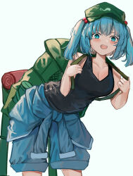 Rule 34 | 1girl, aqua eyes, backpack, bag, black tank top, blue hair, blue jumpsuit, blush, breasts, cleavage, commentary, flat cap, green bag, green hat, hair bobbles, hair ornament, hat, highres, holding strap, jumpsuit, jumpsuit around waist, kawashiro nitori, looking at viewer, medium breasts, open mouth, pants, pants rolled up, smile, solo, symbol-only commentary, tank top, touhou, two side up, vanilla flan