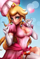 1girl artist_request blue_eyes breasts cleavage cleavage_cutout clothing_cutout covered_erect_nipples gloves half-closed_eyes highres large_breasts long_hair looking_at_viewer mario_(series) nintendo parted_lips pink_lips princess princess_peach realistic seductive_gaze seductive_smile sitting smile solo source_request teeth umbrella