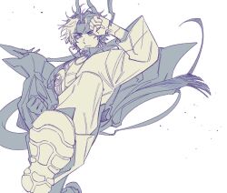 Rule 34 | 1boy, arknights, chongyue (arknights), closed mouth, coat, dragon boy, dragon horns, dragon tail, floating hair, flying kick, foot out of frame, hands up, horns, kicking, long hair, long sleeves, looking at viewer, low ponytail, male focus, nills, ponytail, simple background, solo, tail, white background, wide sleeves