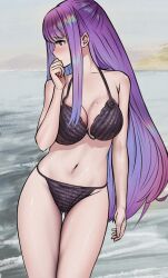 1girl absurdres bikini black_bikini breasts fern_(sousou_no_frieren) hand_up highres horizon large_breasts long_hair mole mole_on_breast navel ocean outdoors purple_eyes purple_hair sengnam1997 solo sousou_no_frieren swimsuit
