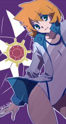 1girl breasts cowboy_shot gen_1_pokemon green_eyes jacket legs misty_(pokemon) nintendo one-piece_swimsuit orange_hair pokemon pokemon_(creature) pokemon_hgss smile standing starmie swimsuit thighs yuina_(artist)