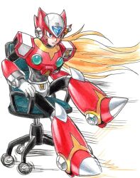 Rule 34 | 1boy, android, armor, blonde hair, blue eyes, chair, chest jewel, forehead jewel, full body, helmet, hijiriiyaa, krita (medium), long hair, male focus, mega man (series), mega man x (series), office chair, red armor, red helmet, simple background, solo, swivel chair, traditional media, white background, zero (mega man)