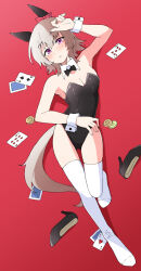 1girl alternate_costume animal_ears arm_up black_bow black_bowtie black_leotard black_shoes bow bowtie breasts card cleavage curren_chan_(umamusume) detached_collar ear_bow ear_covers full_body high_heels highres horse_ears horse_girl horse_tail leotard looking_at_viewer lying medium_breasts nel-c nontraditional_playboy_bunny on_back parted_lips playing_card purple_eyes shoes short_hair solo tail thighhighs traditional_bowtie umamusume unworn_shoes white_thighhighs wrist_cuffs