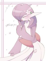 alternate_color blush closed_eyes colored_skin dress flower gardevoir gen_3_pokemon hair_flower hair_ornament hair_over_one_eye multicolored_skin narumiya_pkmn nintendo open_mouth petals pink_flower pink_hair pink_petals pokemon pokemon_(creature) simple_background smile two-tone_skin white_background white_dress white_skin