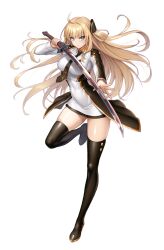 Rule 34 | 1girl, ahoge, black necktie, blonde hair, blue eyes, collared dress, dress, duel monster, full body, highres, holding, holding sword, holding weapon, long hair, necktie, shoes, sky striker ace - raye, solo, standing, standing on one leg, sword, takkayuuki, thighhighs, weapon, white dress, yu-gi-oh!, zettai ryouiki