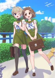 2girls animal_ears bag blue_eyes blue_ribbon blue_sky brown_eyes brown_hair bush dog dog_ears dog_tail fence frilled_sleeves frills gakkou_gurashi! garter_belt green_sailor_collar green_skirt highres holding holding_bag megurigaoka_high_school_uniform multiple_girls naoki_miki neck_ribbon one_eye_closed open_mouth ribbon rokkii_(pixiv77873722) sailor_collar school_bag school_uniform serafuku shidou_kei shirt skirt sky socks suspender_skirt suspenders tail taroumaru_(gakkou_gurashi) tree white_hair white_shirt white_socks