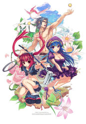 1boy 2girls animal_ears arin beret blue_hair cat_ears dress flower golf hat kooh long_hair lotus max max_(pangya) multiple_girls official_art pangya red_hair ribbon rose seedark skirt tennis twintails wall water_lily_flower